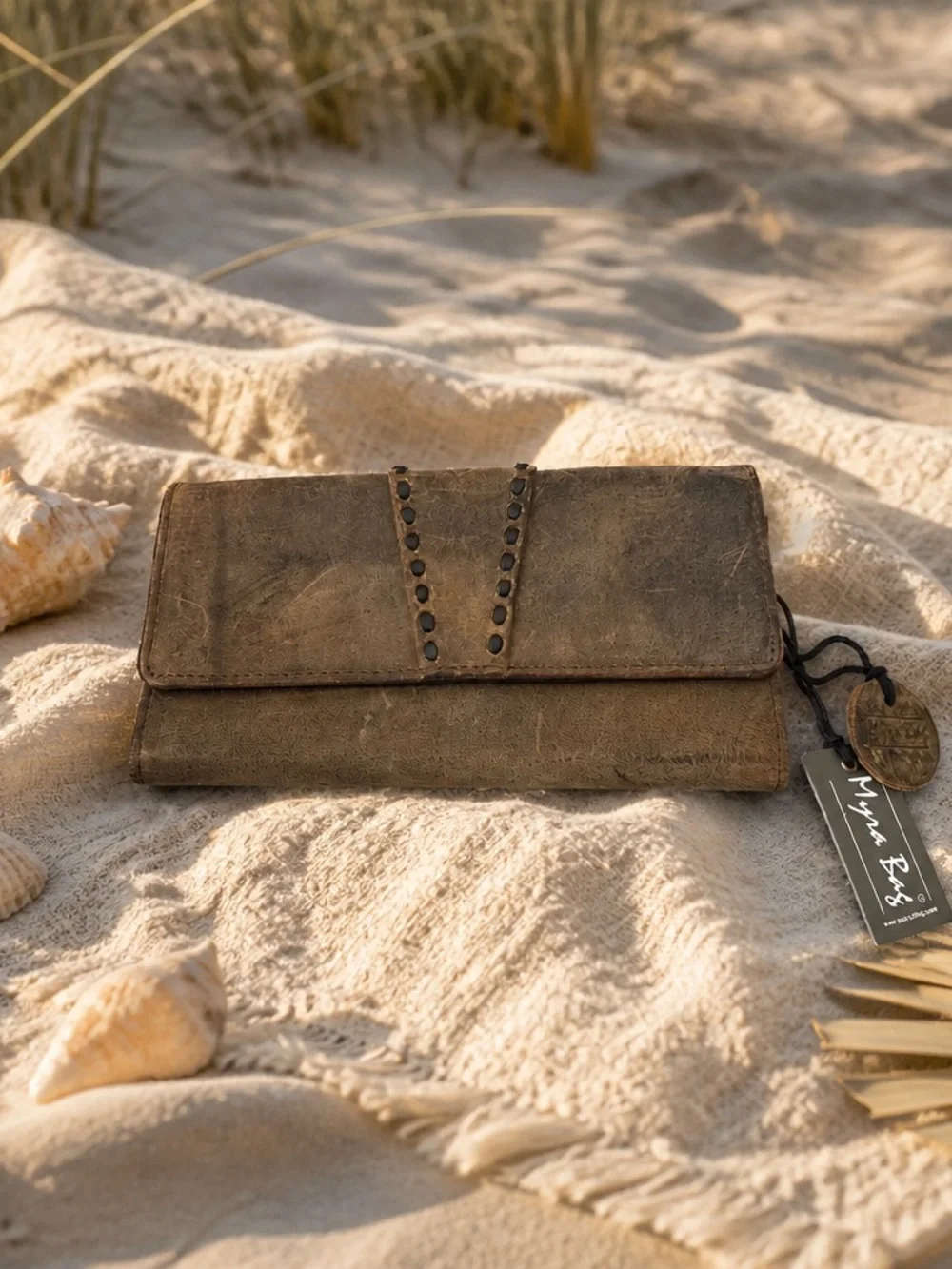 Myra Bag Distressed Brown Leather Stud-Trim Foldover Clutch